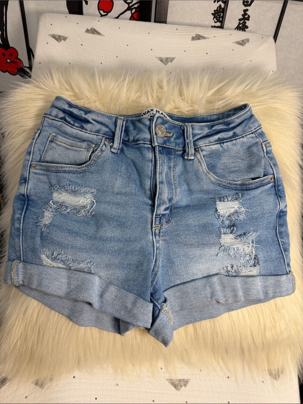 Wax Jean Light Blue Distressed Rolled-Hem Denim Shorts